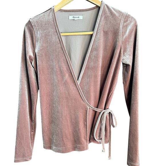 MADEWELL | Warm Ash Velvet Ballet Wrap Top Taupe Velvet | Size Extra Small - Picture 2 of 10
